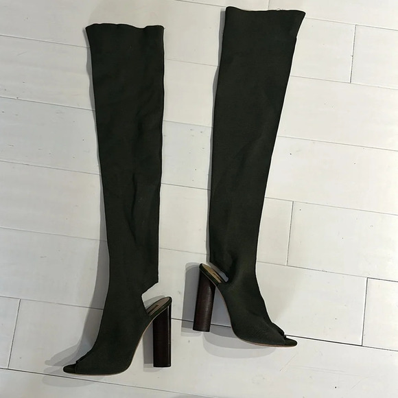 Yeezy Season 2 Thigh High Open Toe Sock High Heeled Boots Olive Green Size 37 - Picture 3 of 12